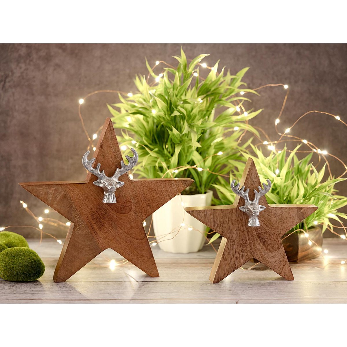 Houten figuur ster 2er set met hertenkop maat 25/19 cm met mango houten aluminium