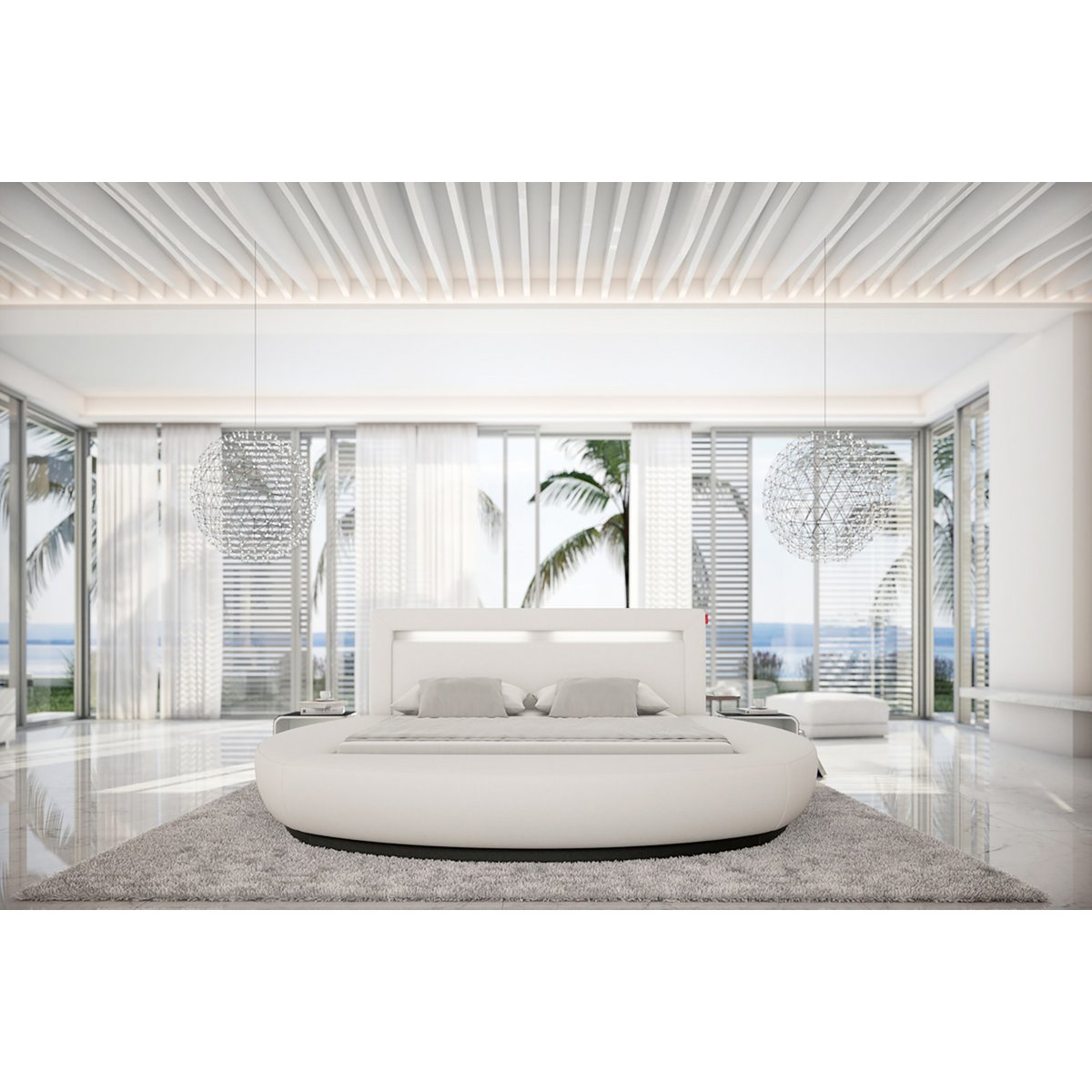 Rond bed 140x200 cm LED wit kunstleerlook