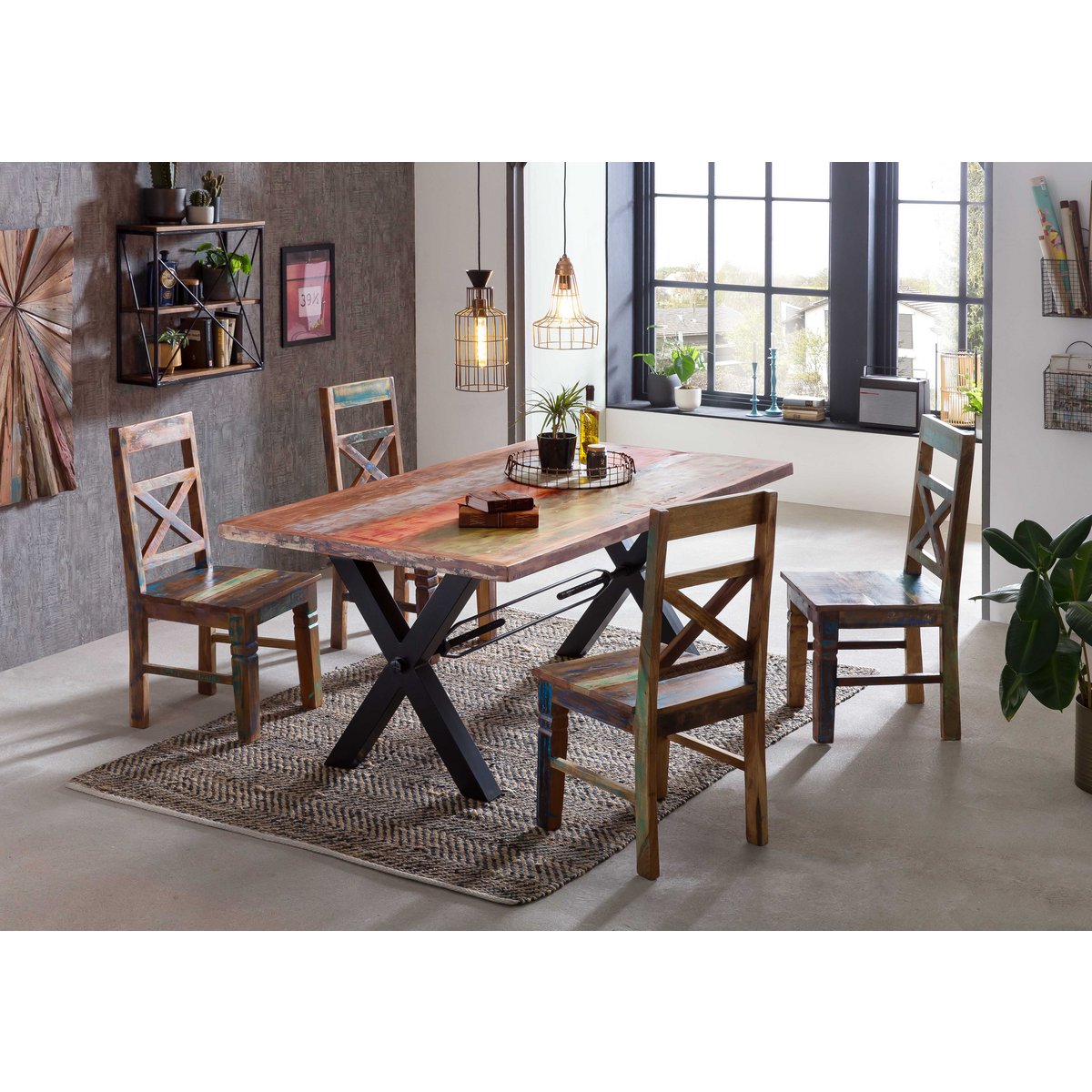 Tafel 180x100 cm, teruggewonnen hout geschilderd in felle kleuren