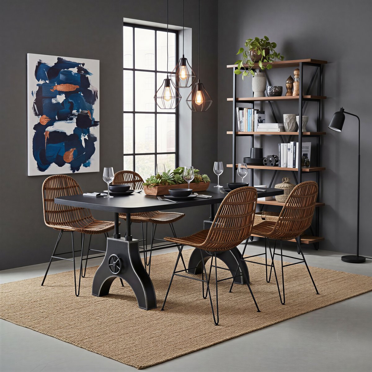 Eettafel 180x90 cm, massief Mango blad, metalen frame met slinger, zwart