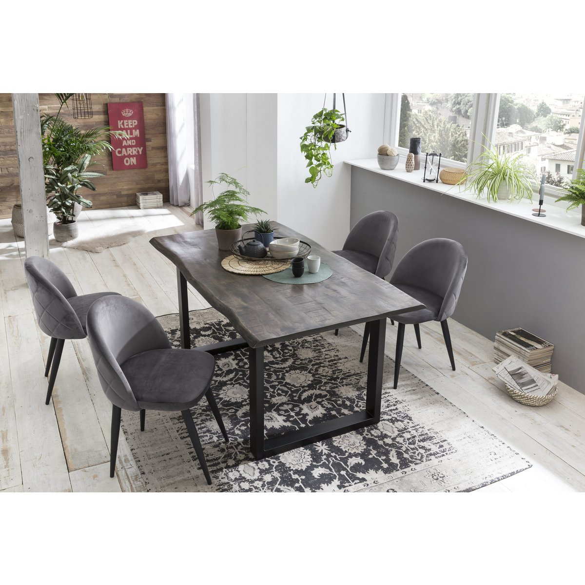 Tafel 160x85 cm, mangogrijs ruwgezaagd, zwart frame