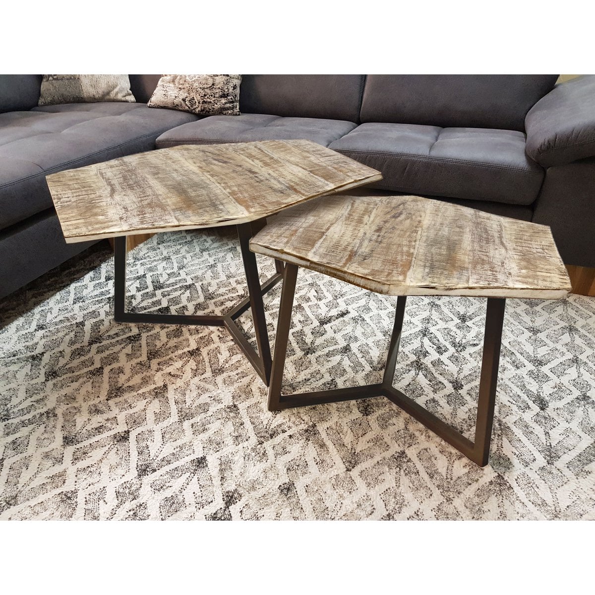 Salontafel set 2-delig woonkamertafel bijzettafel Paris metalen frame zwart wit of antiek zilver