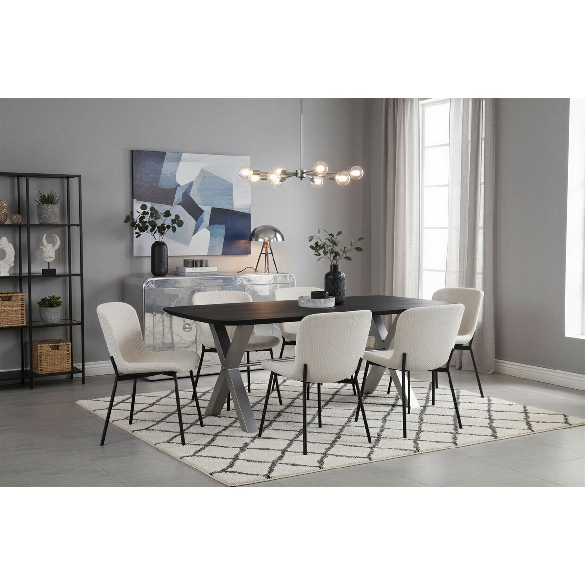 Eettafel 200x100 cm, 30 mm blad Mango zwart, X-stalen frame antiek zilver