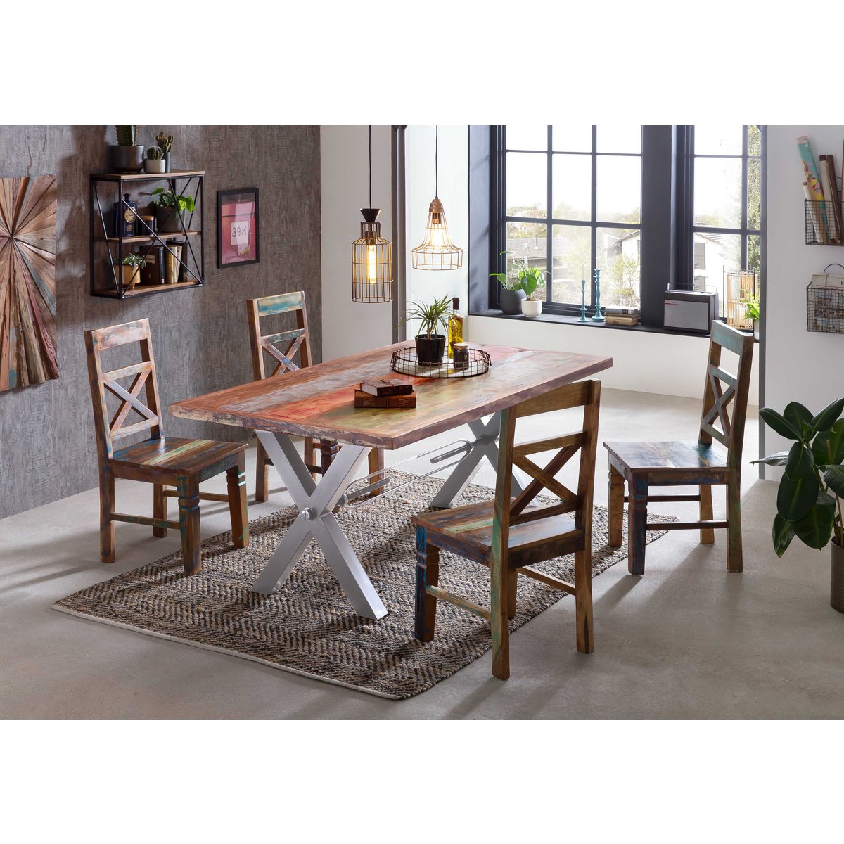 Tafel 240x100 cm, teruggewonnen hout geschilderd in felle kleuren