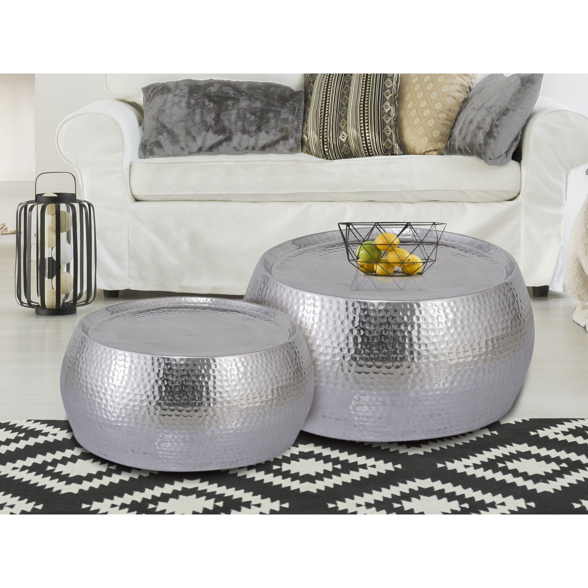 SUILY TABEL 2 DAKAR STRAAK DRAAG Ø 55/43 X H 30/28 cm zilveraluminium gehamerd