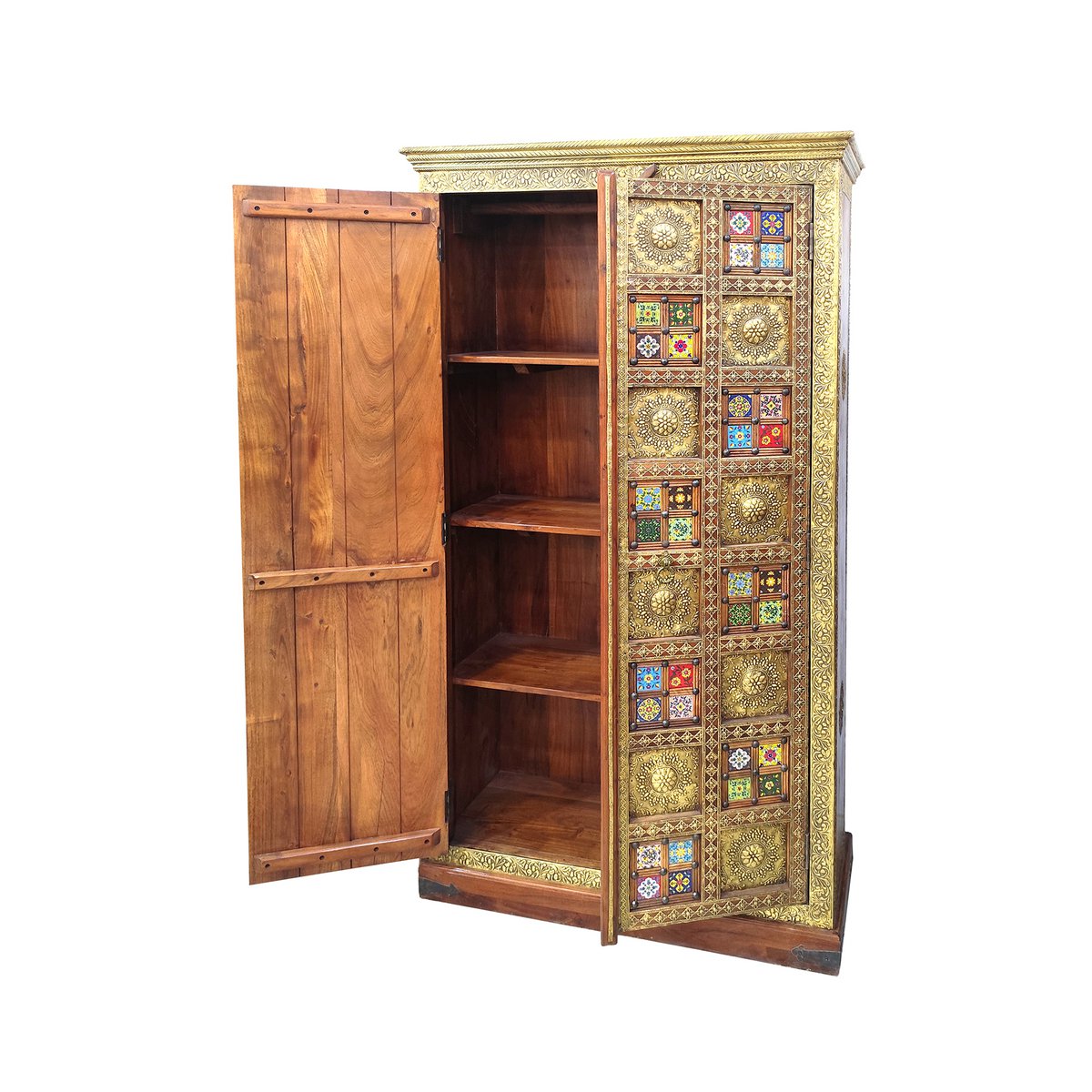 Kast met 2 deuren, acacia, metaal, kleurrijk