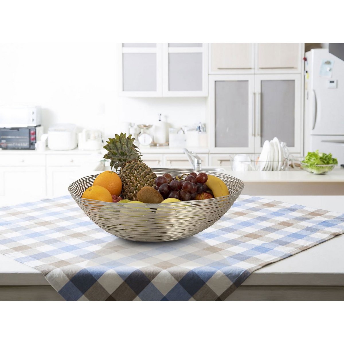 Fruitmand 4-delig metaal ø 40 cm H 11 cm Broodmand fruitschaal rond zilver of goud Vita draadstructuur