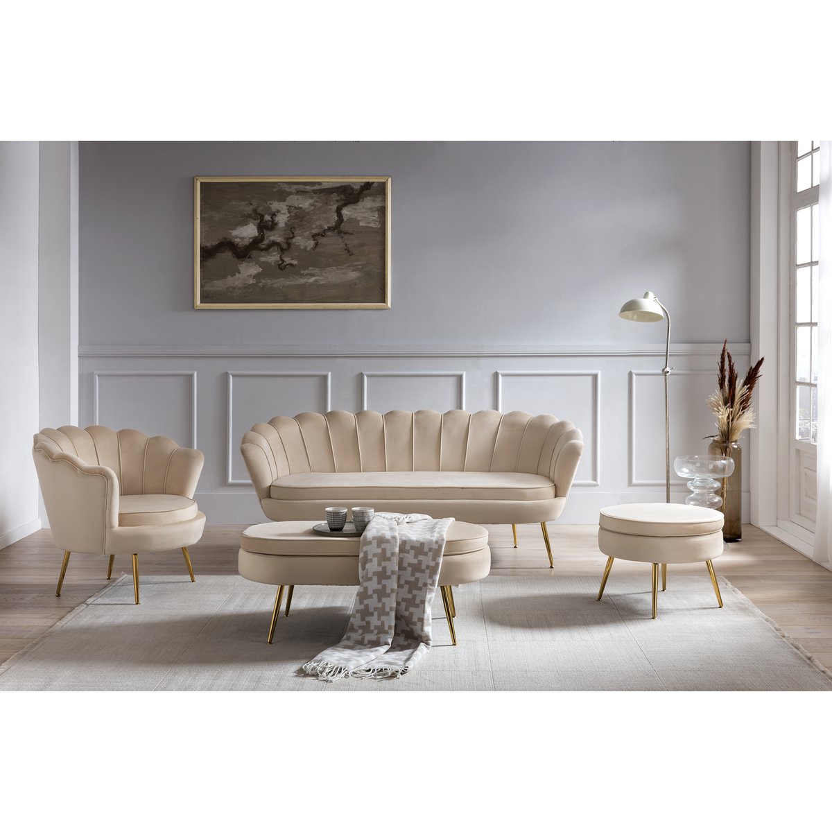 Ronde poef in beige fluweel