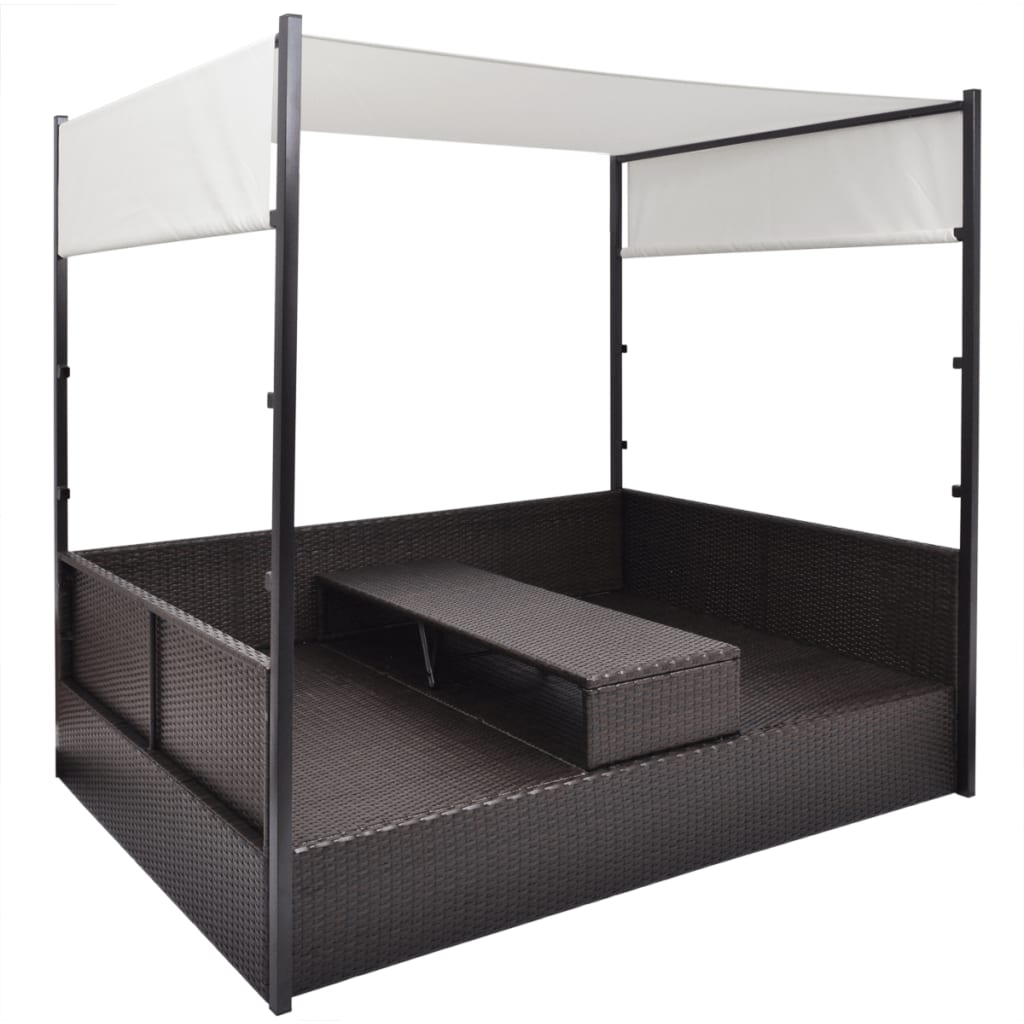 Tuinbed Met Luifel 190X130 Cm Poly Rattan Bruin