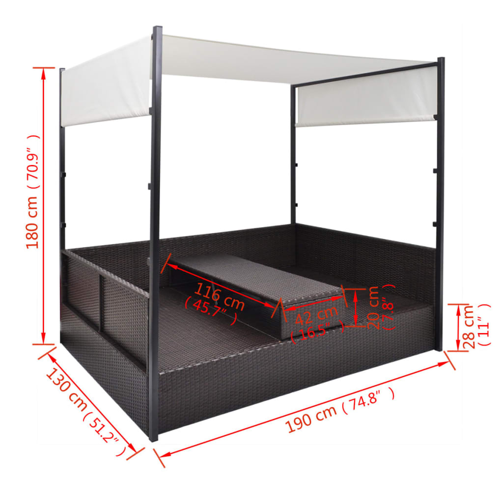 Tuinbed Met Luifel 190X130 Cm Poly Rattan Bruin