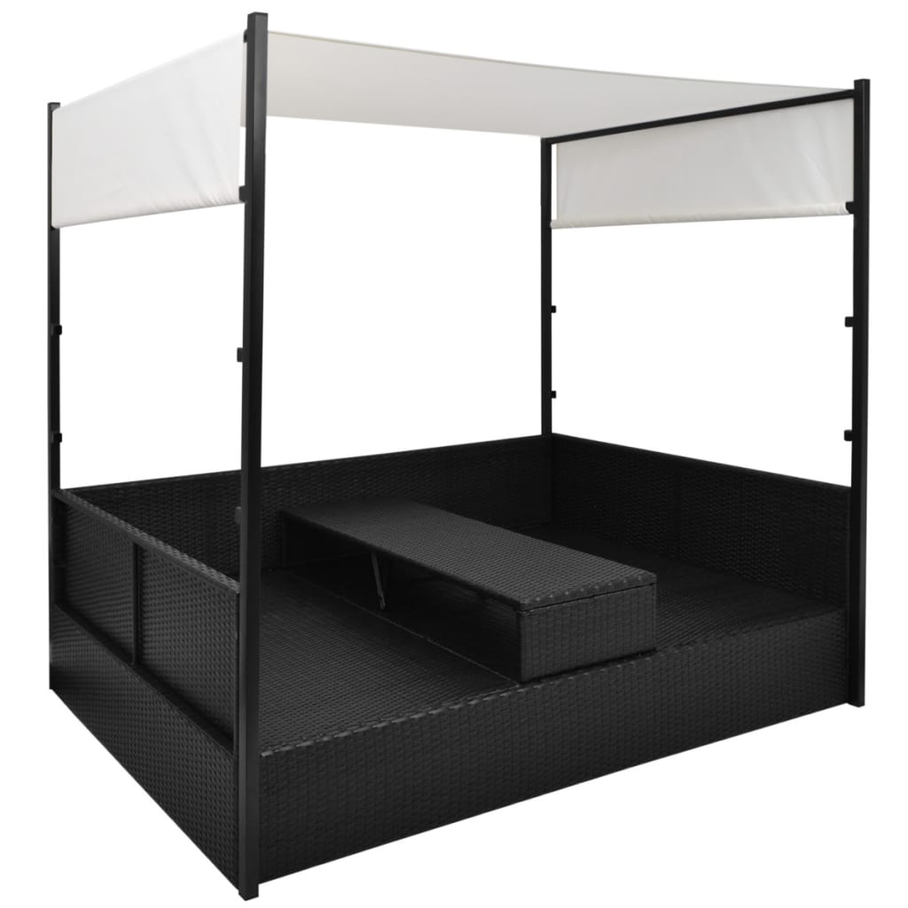 Tuinbed Met Luifel 190X130 Cm Poly Rattan Zwart