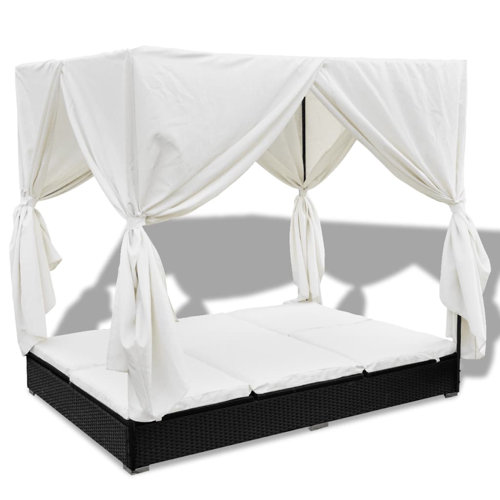 Loungebed Met Gordijnen Poly Rattan Zwart