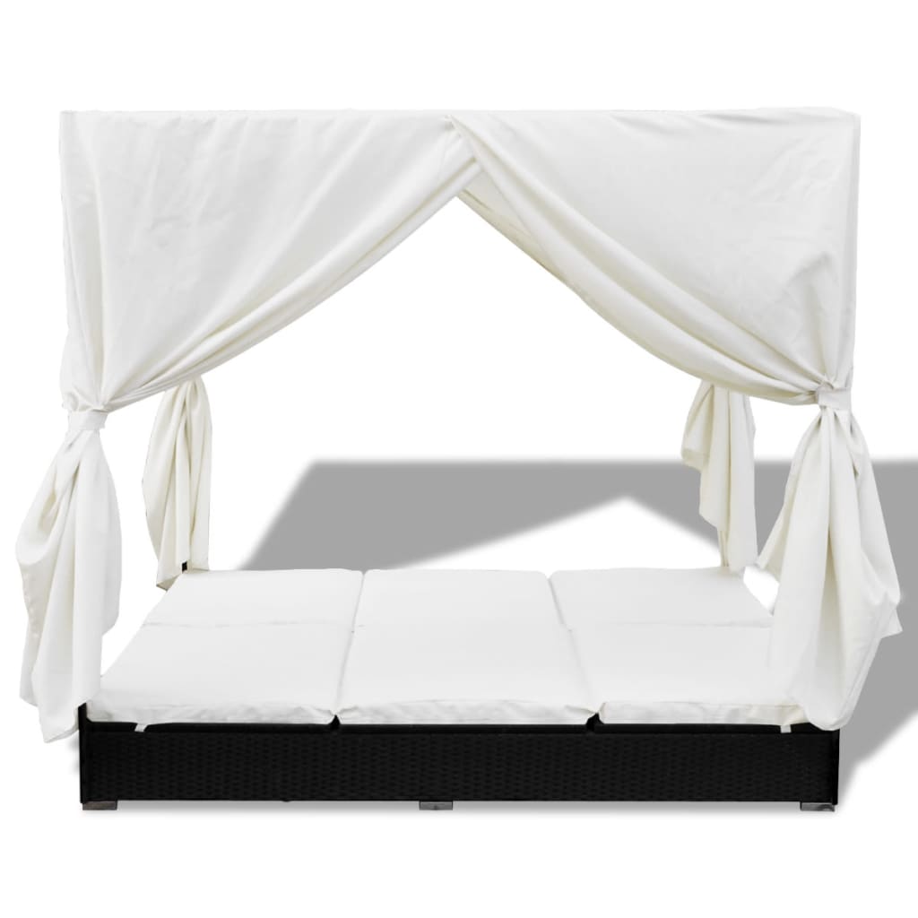Loungebed Met Gordijnen Poly Rattan Zwart