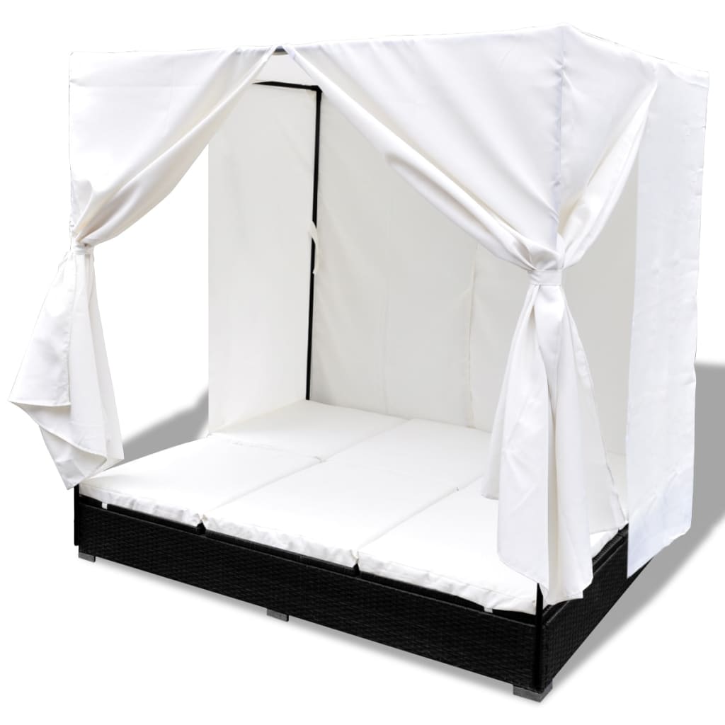 Loungebed Met Gordijnen Poly Rattan Zwart
