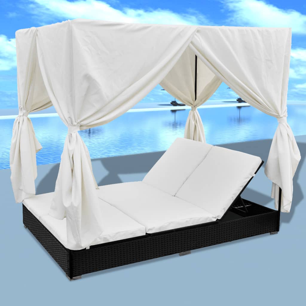 Loungebed Met Gordijnen Poly Rattan Zwart