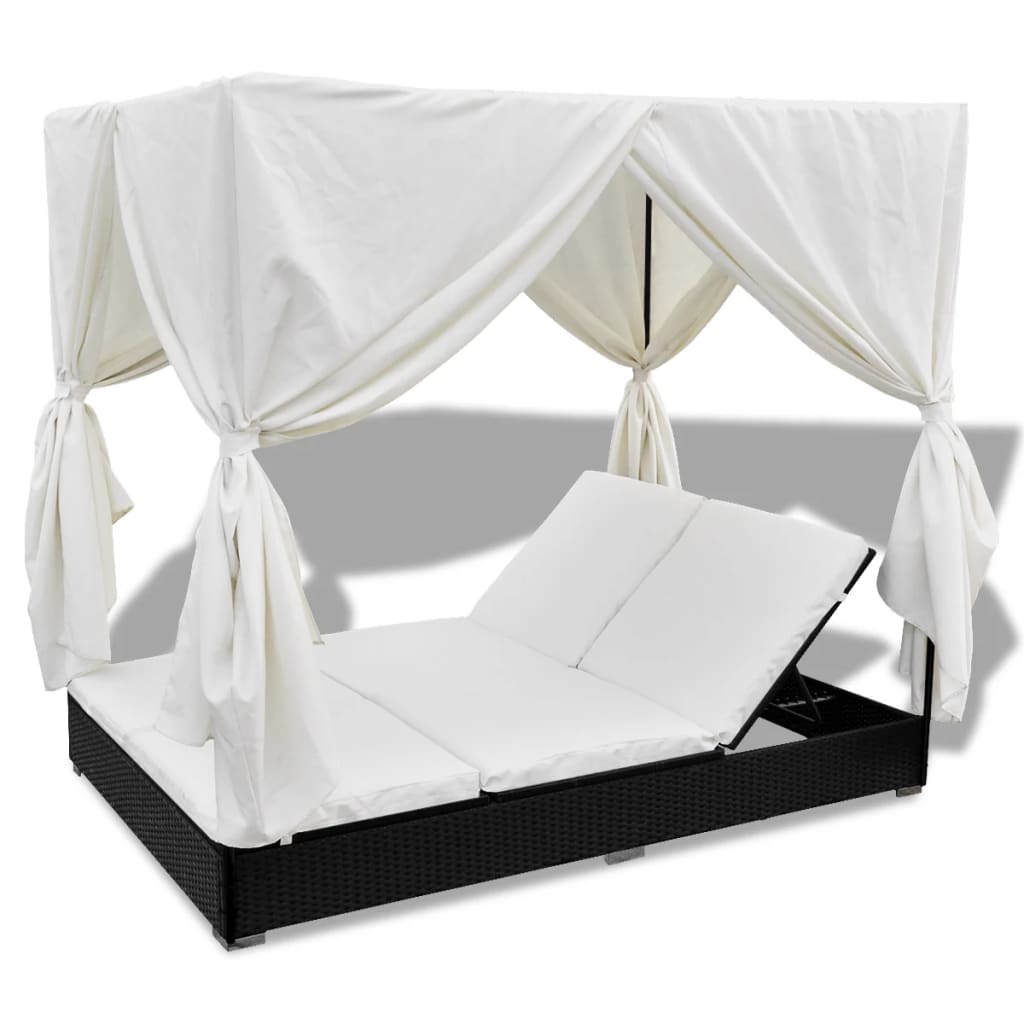 Loungebed Met Gordijnen Poly Rattan Zwart
