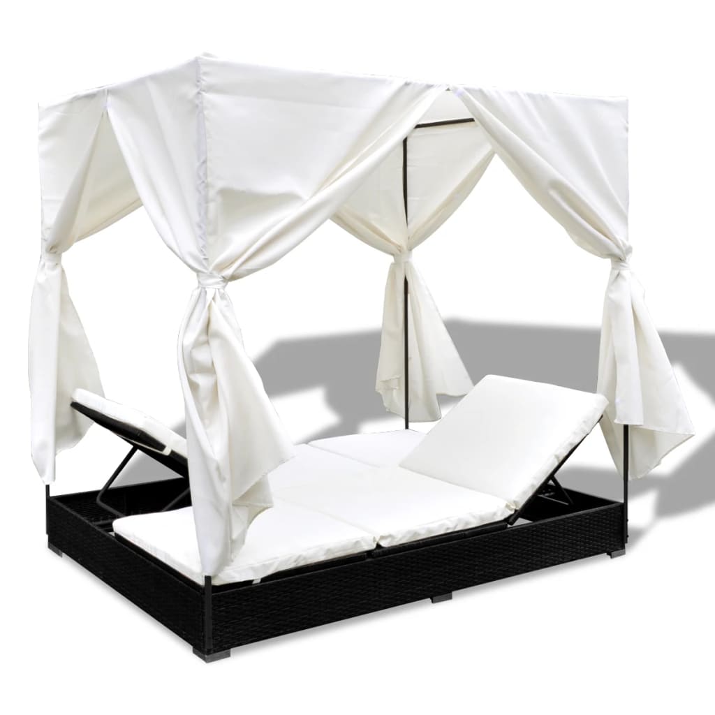 Loungebed Met Gordijnen Poly Rattan Zwart