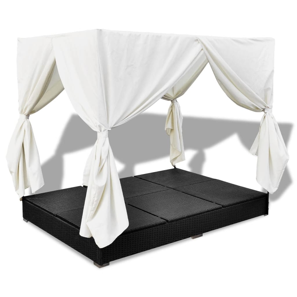 Loungebed Met Gordijnen Poly Rattan Zwart