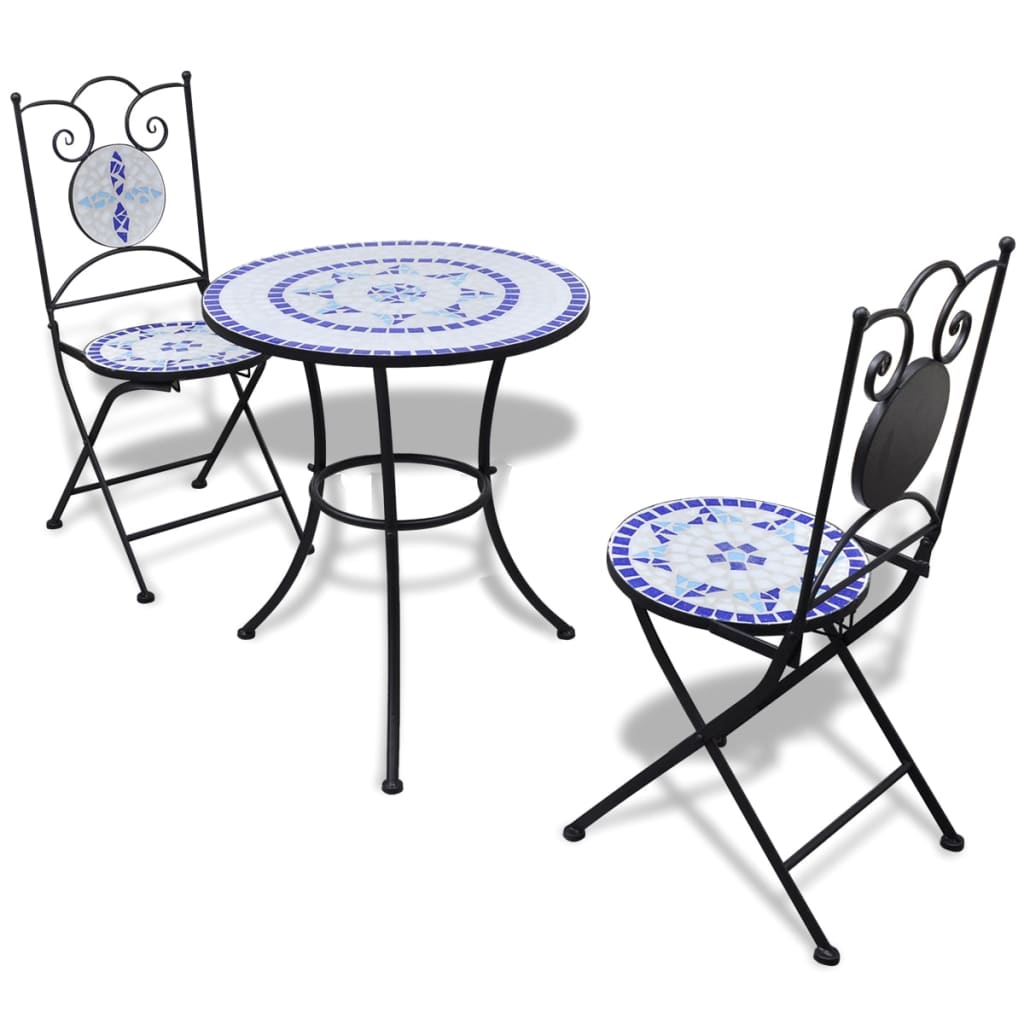 3-teiliges Bistro-Set aus Keramikfliesen in Blau und Weiß