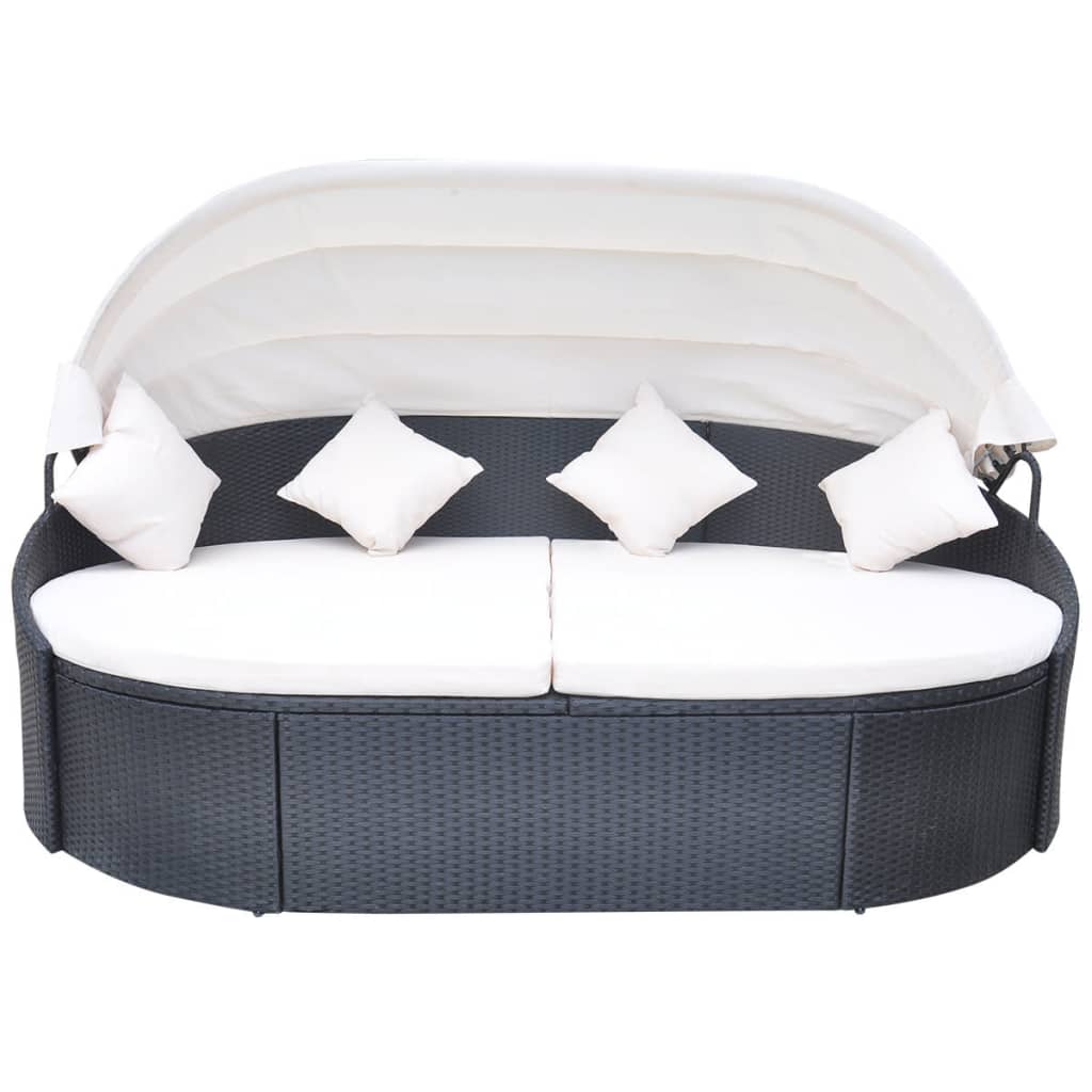 Loungebed Met Luifel Poly Rattan Zwart