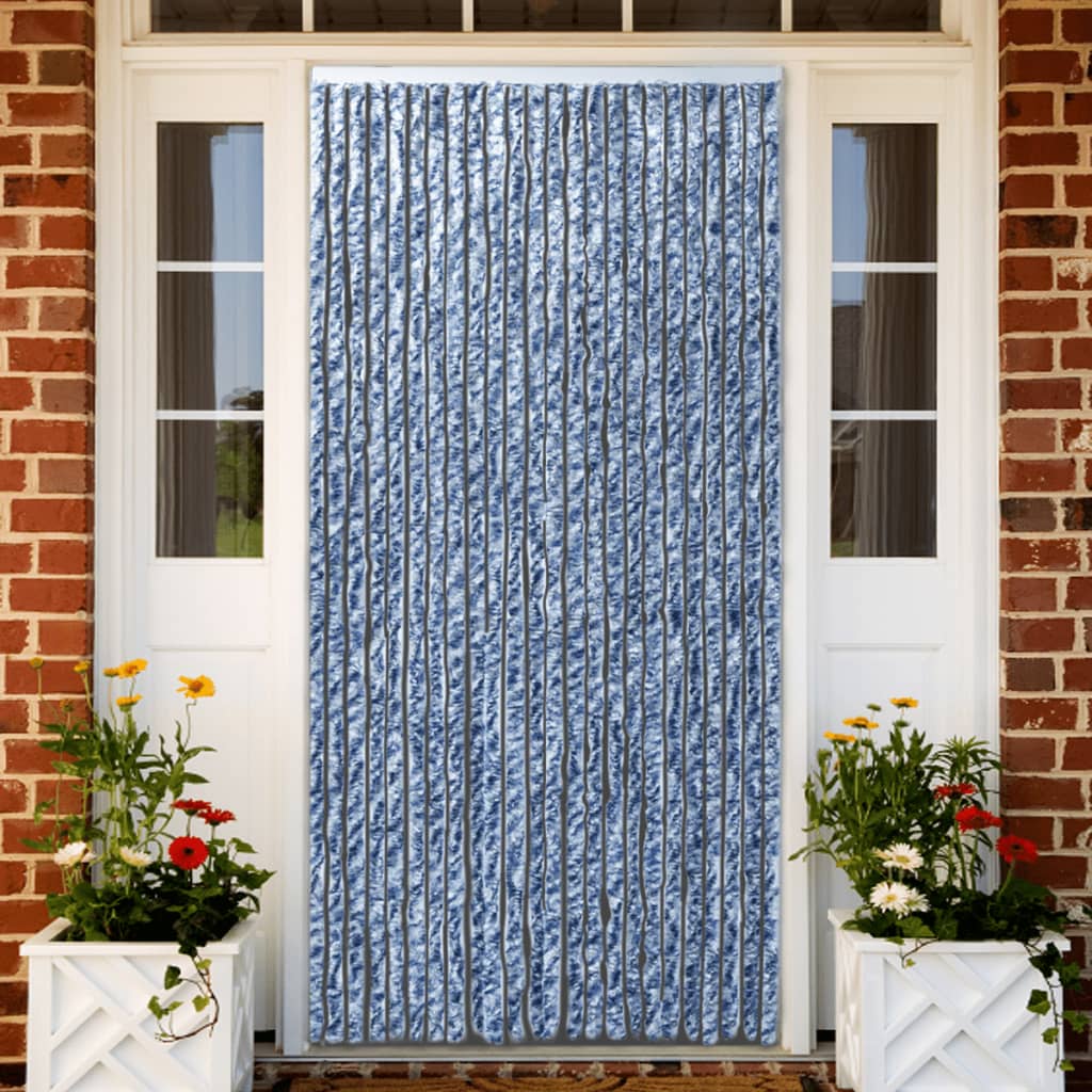 Vliegengordijn 90X220 Cm Chenille Blauw, Wit En Zilver