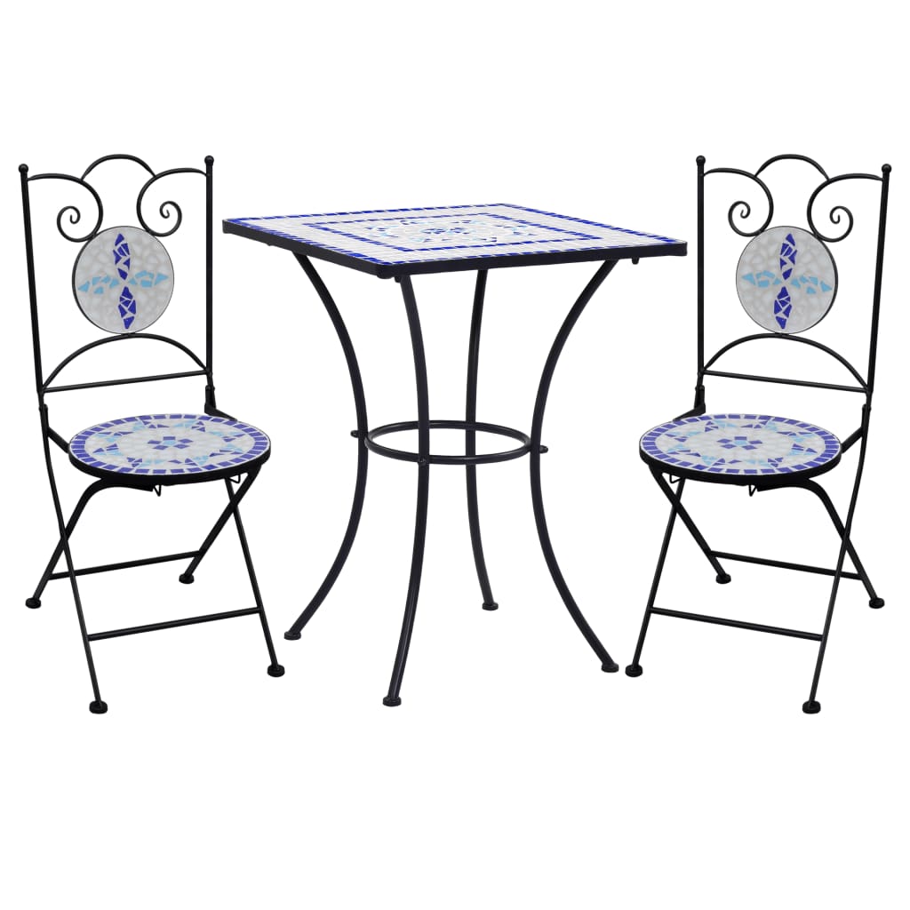 3-teiliges Bistro-Set, Mosaik-Keramikfliesen, Blau und Weiß