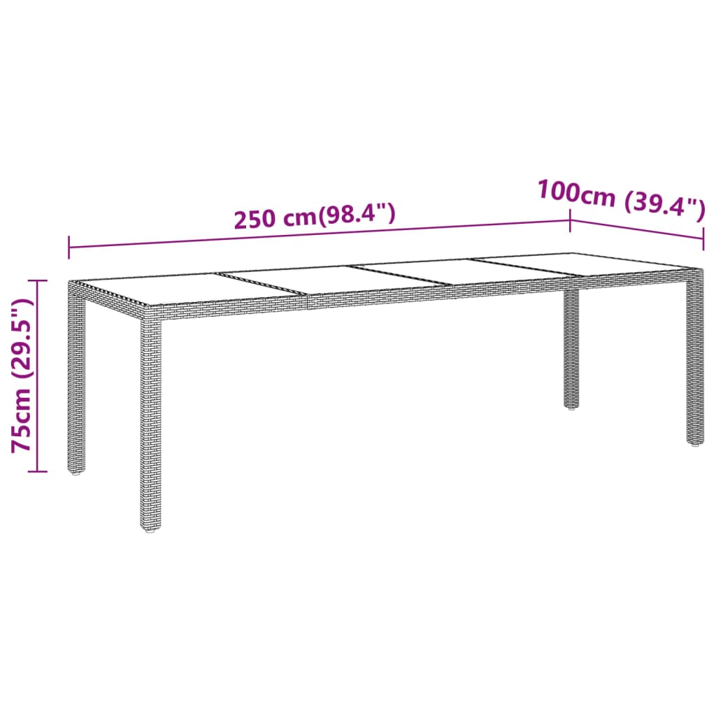 Tuintafel 250X100X75 Cm Gehard Glas En Poly Rattan Grijs