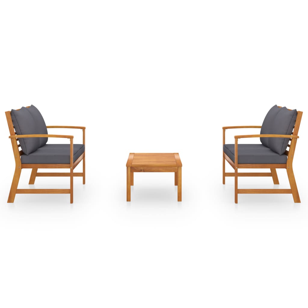 3-teiliges Lounge-Set mit Kissen aus massivem Akazienholz