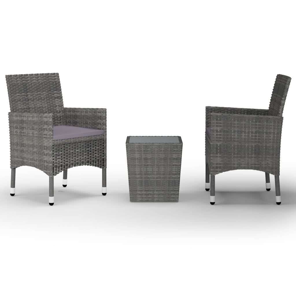 3-teiliges Bistro-Set aus Polyrattan und gehärtetem Glas in Grau