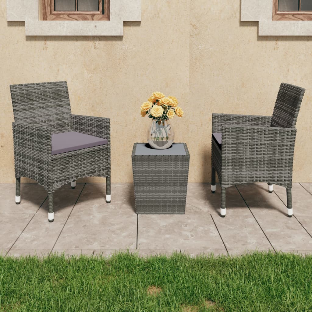 3-teiliges Bistro-Set aus Polyrattan und gehärtetem Glas in Grau