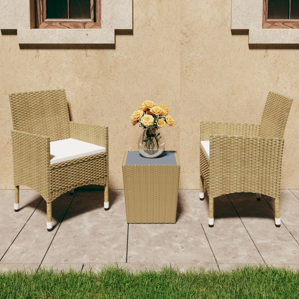 3-teiliges Bistro-Set aus Polyrattan und gehärtetem Glas in Beige