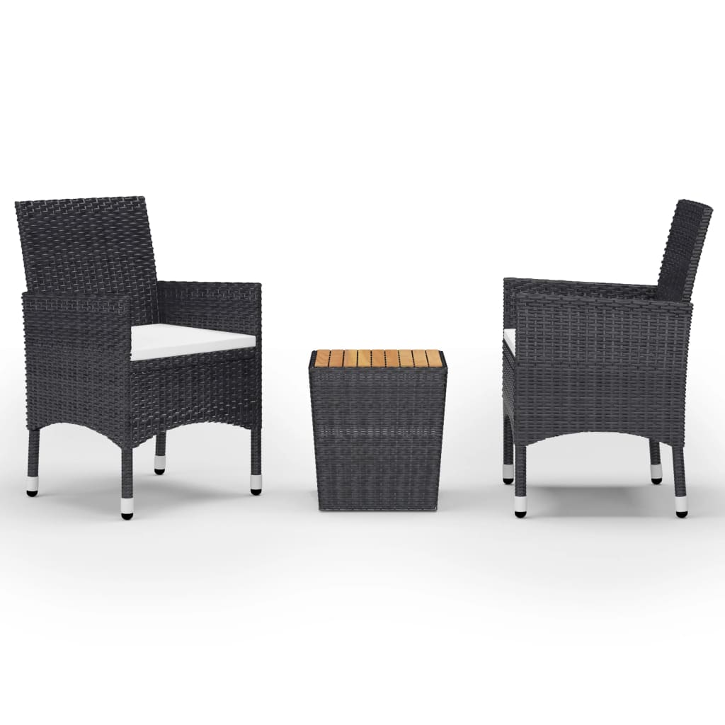 3-teiliges Bistro-Set aus Polyrattan und Akazienholz in Schwarz