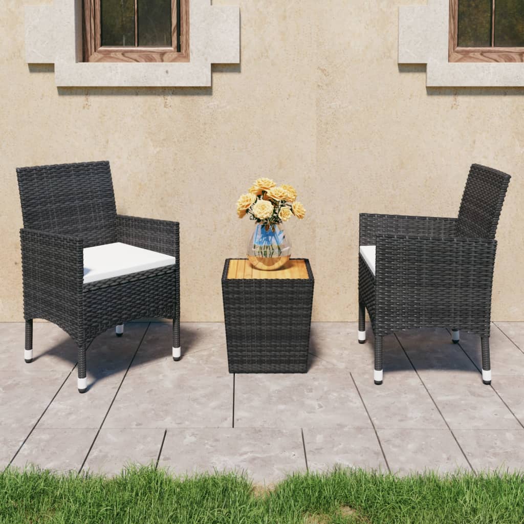 3-teiliges Bistro-Set aus Polyrattan und Akazienholz in Schwarz