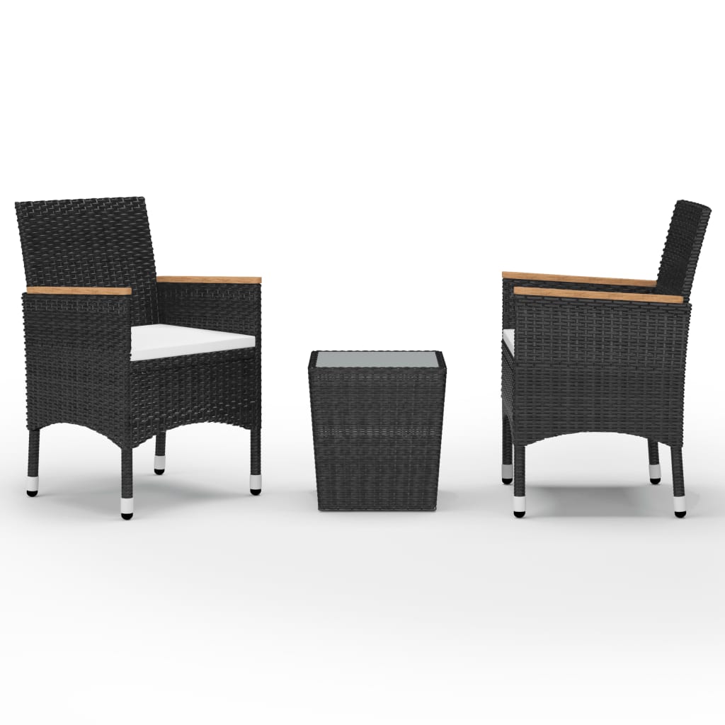 3-teiliges Bistro-Set aus Polyrattan und gehärtetem Glas in Schwarz