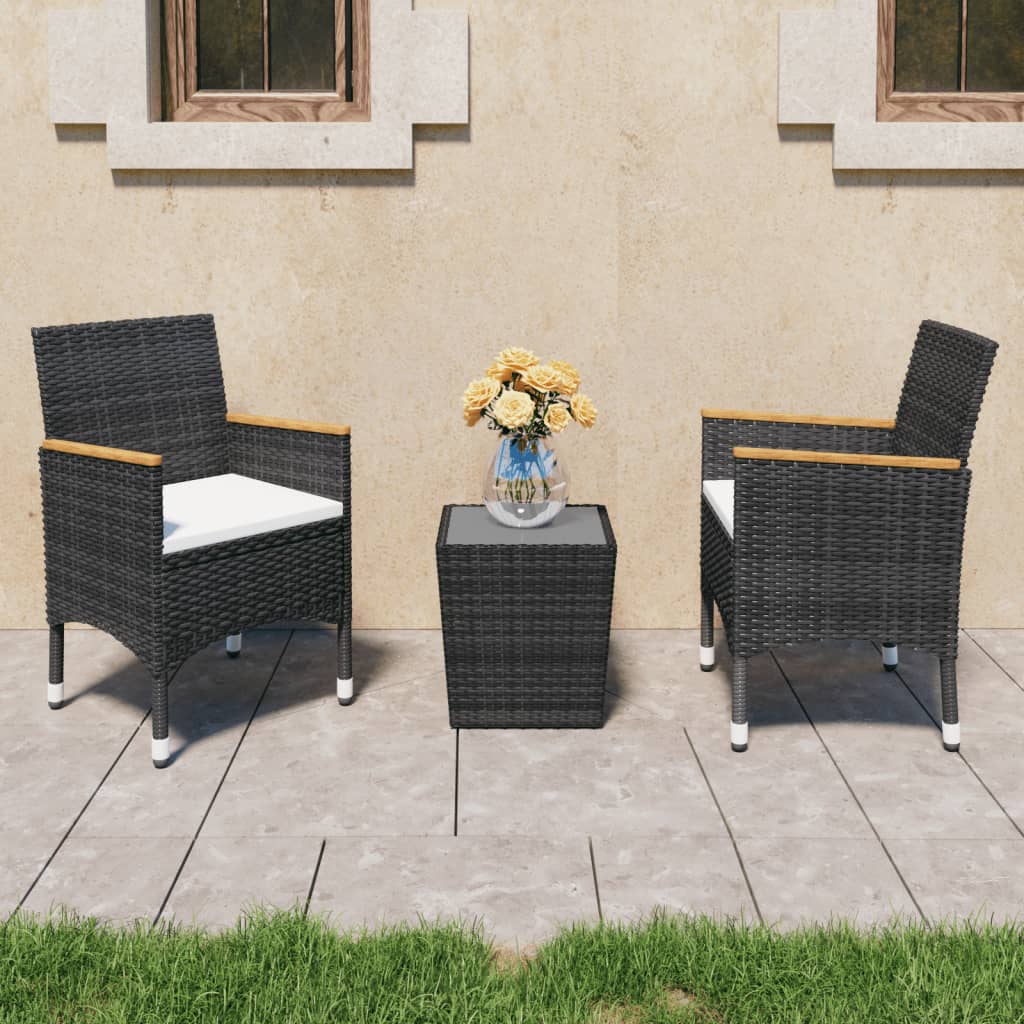 3-teiliges Bistro-Set aus Polyrattan und gehärtetem Glas in Schwarz