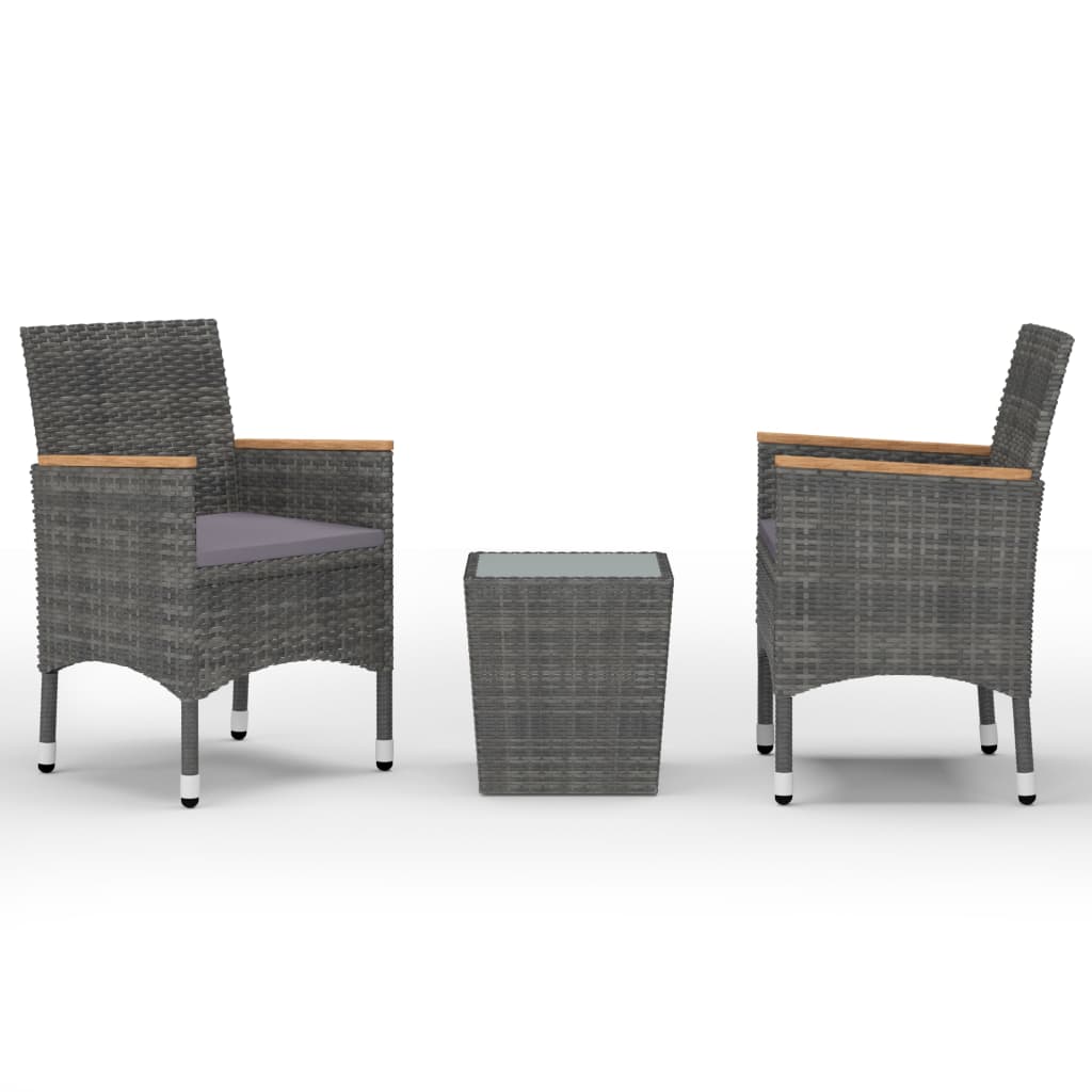 3-teiliges Bistro-Set aus Polyrattan und gehärtetem Glas in Grau