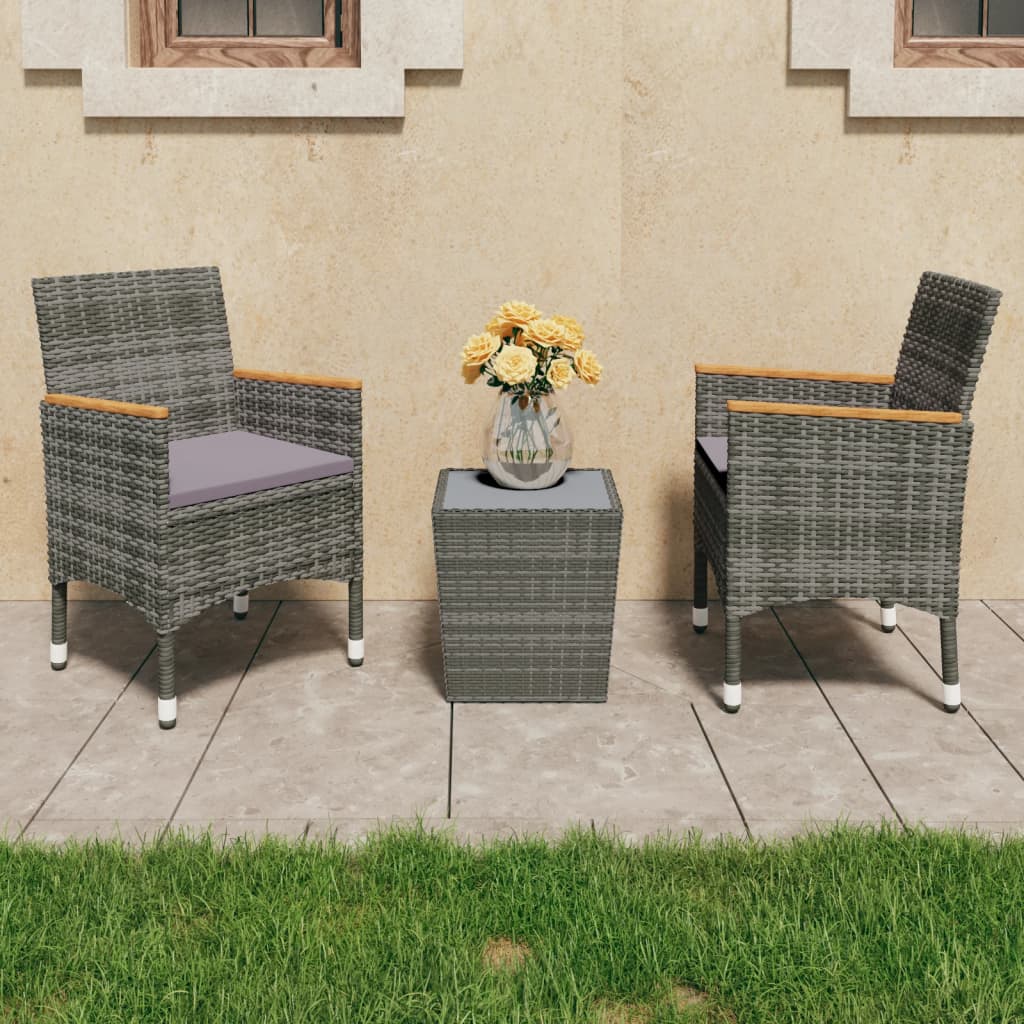 3-teiliges Bistro-Set aus Polyrattan und gehärtetem Glas in Grau