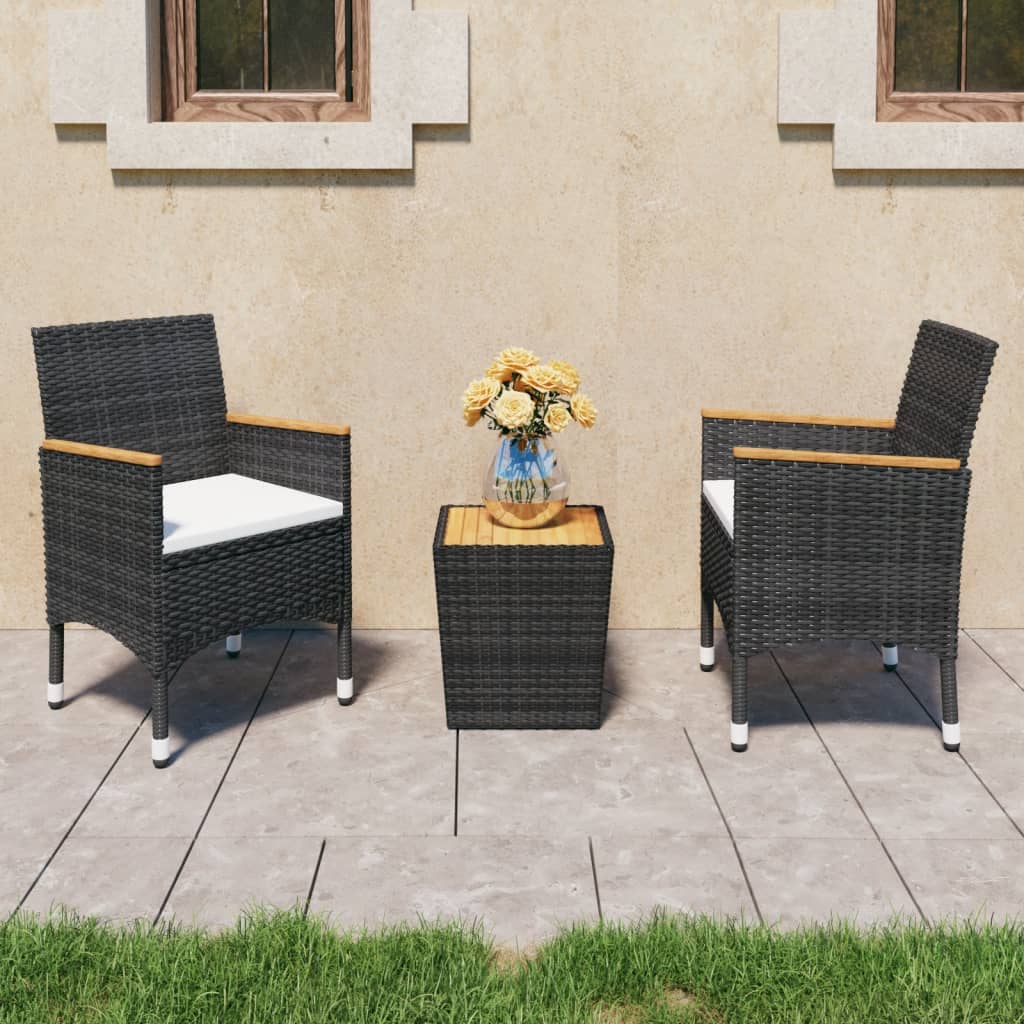 3-teiliges Bistro-Set aus Polyrattan und Akazienholz in Schwarz
