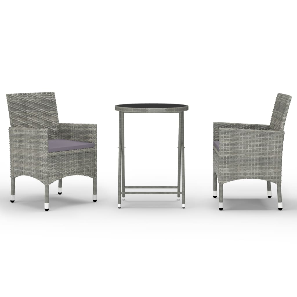 3-teiliges Bistro-Set aus Polyrattan und gehärtetem Glas in Grau