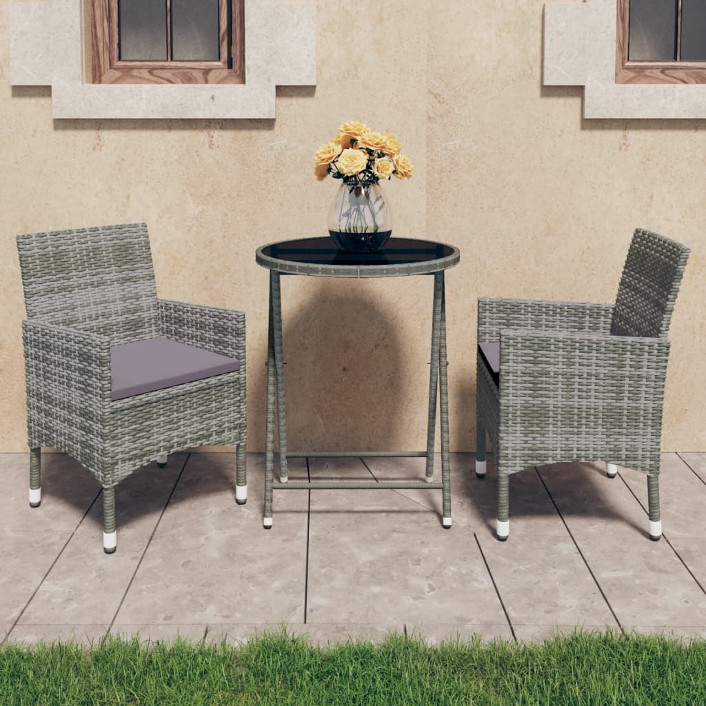 3-teiliges Bistro-Set aus Polyrattan und gehärtetem Glas in Grau