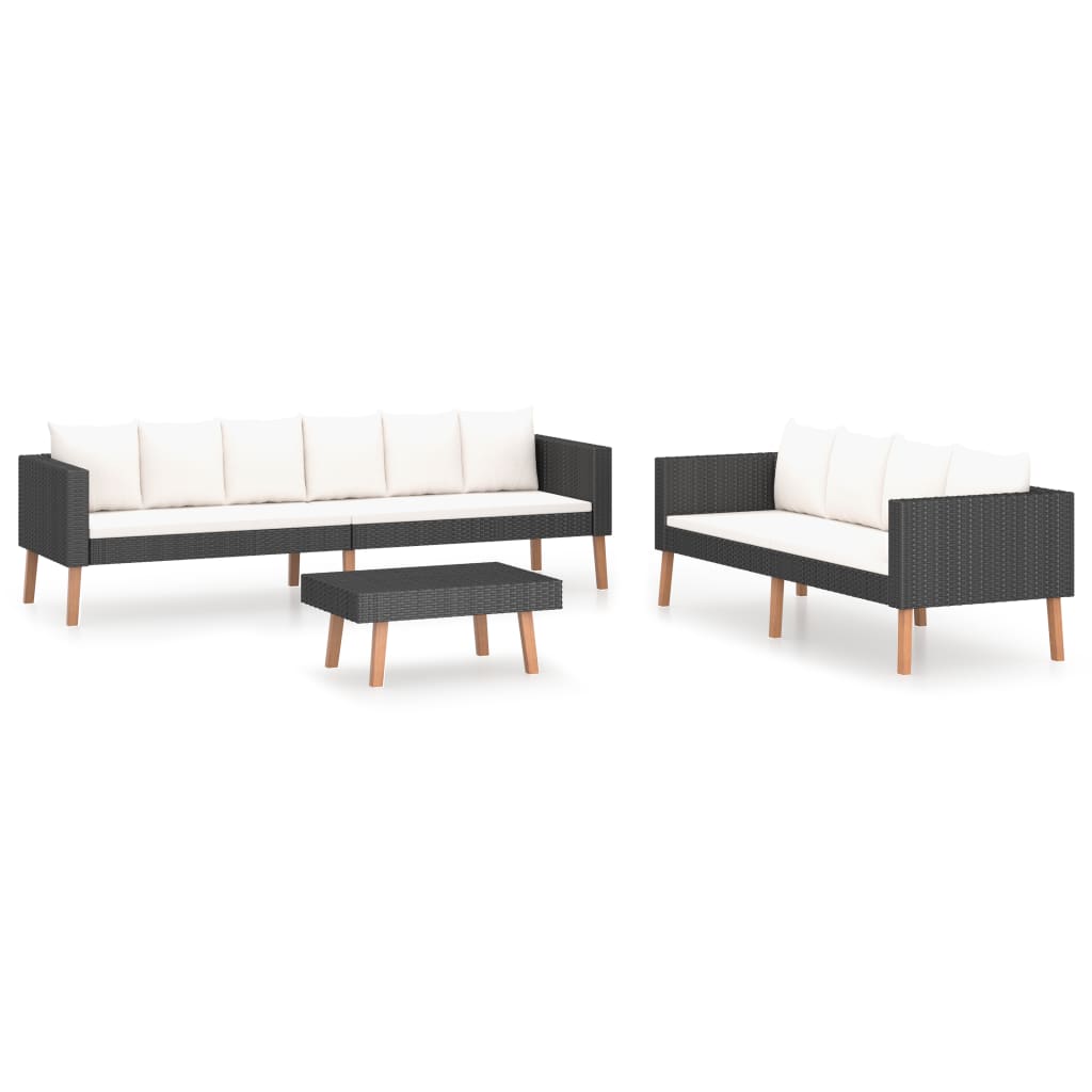 3-teiliges Lounge-Set mit Kissen Poly Rattan Schwarz