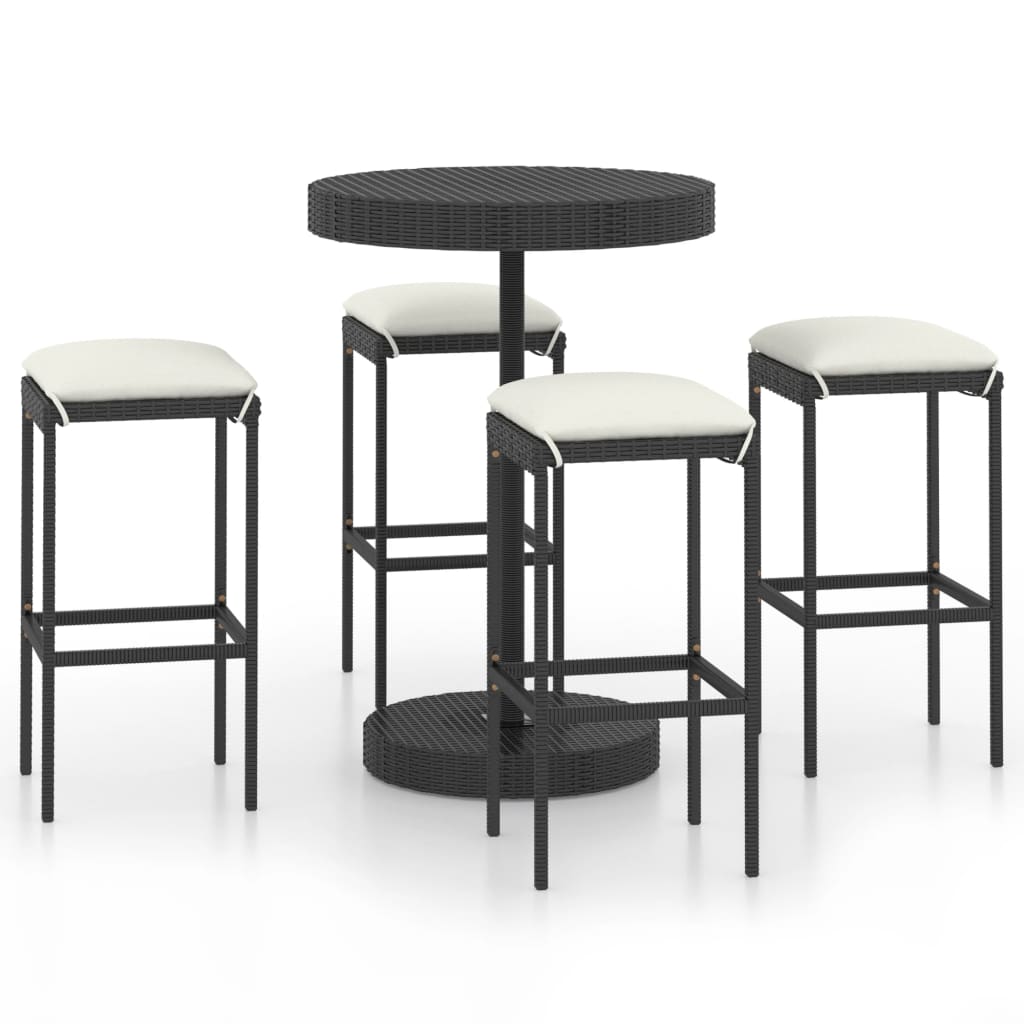 5-teiliges Garten-Bar-Set mit Kissen Poly Rattan Schwarz