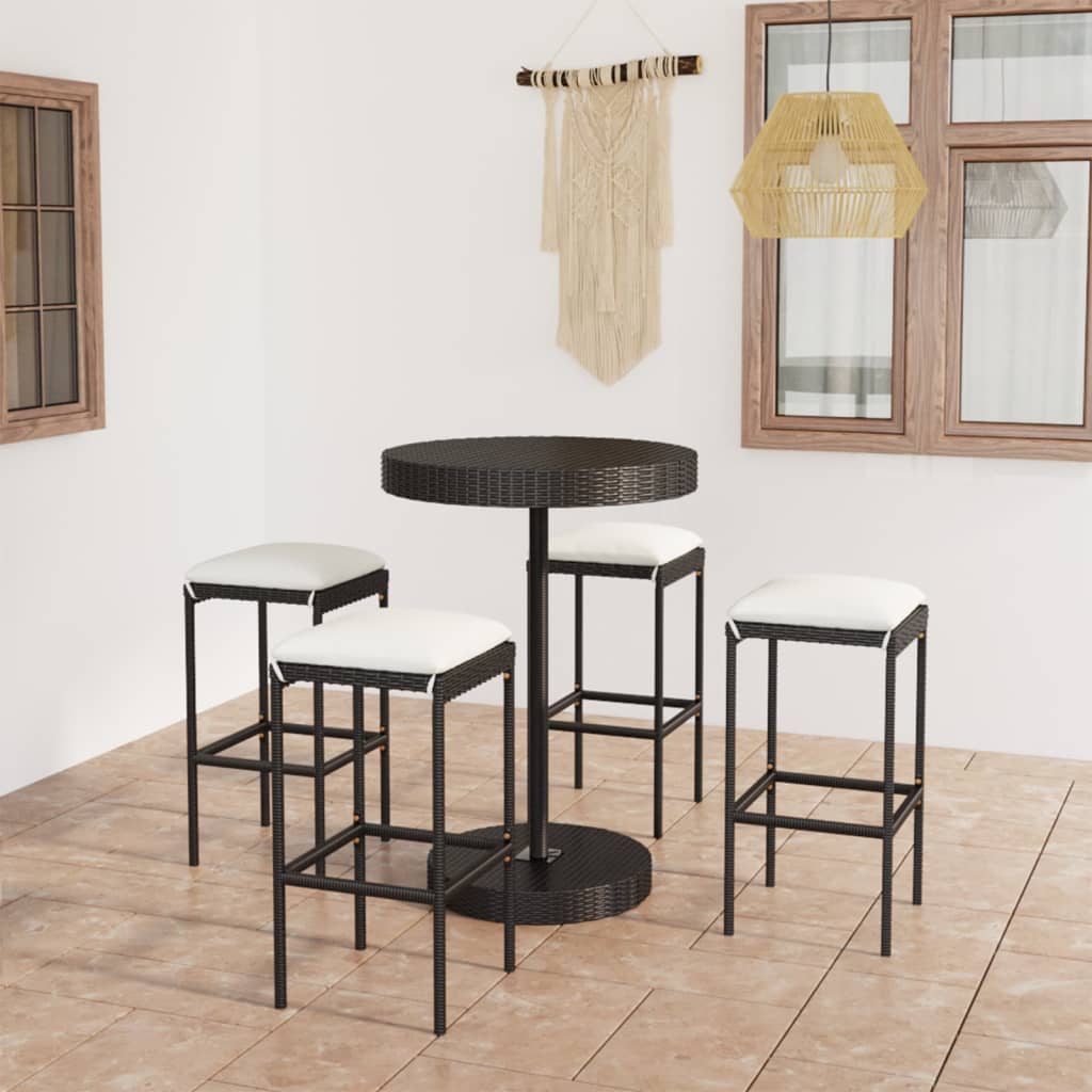 5-teiliges Garten-Bar-Set mit Kissen Poly Rattan Schwarz
