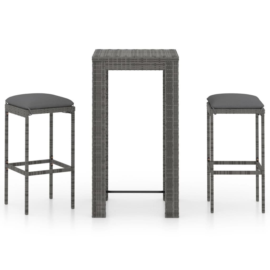 3-teiliges Garten-Bar-Set mit Kissen Poly Rattan Grau