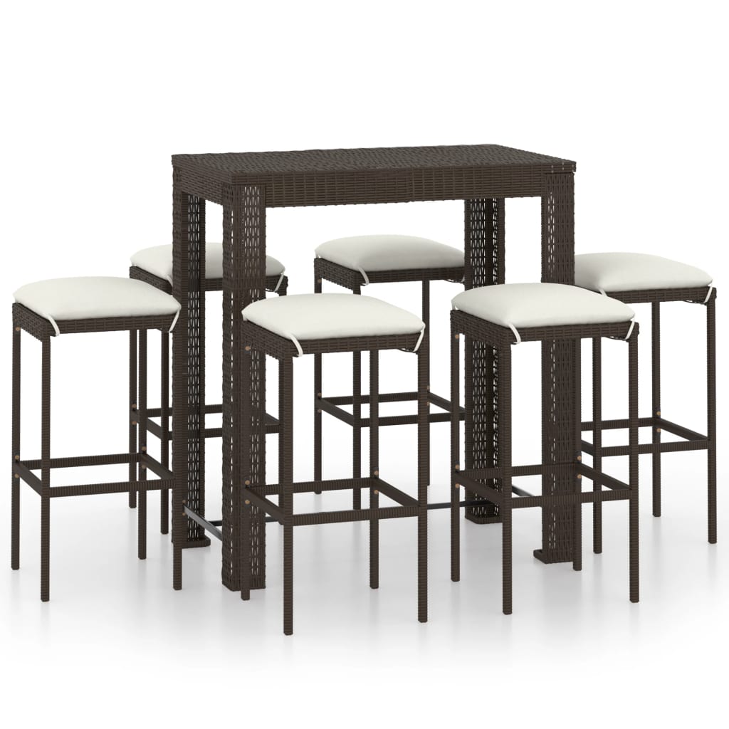 7-teiliges Garten-Bar-Set mit Kissen Poly Rattan Braun