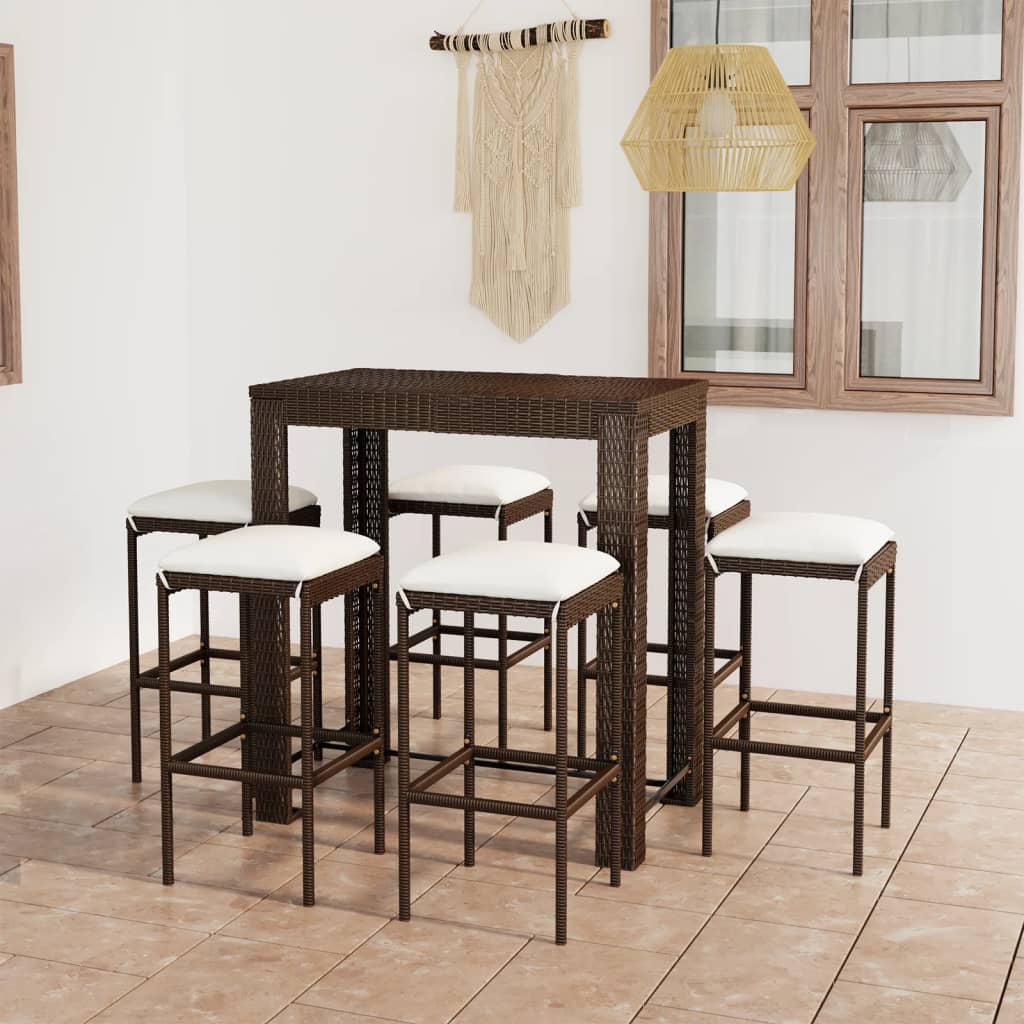 7-teiliges Garten-Bar-Set mit Kissen Poly Rattan Braun