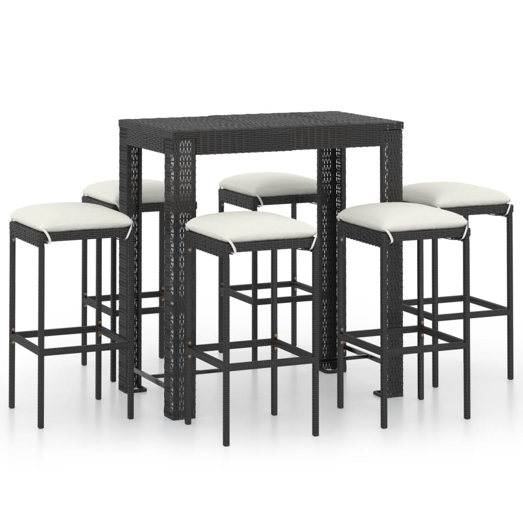 7-teiliges Garten-Bar-Set mit Kissen Poly Rattan Schwarz