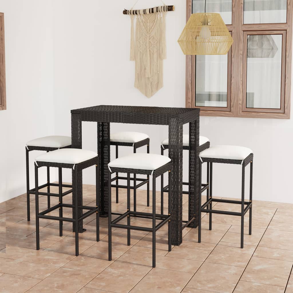 7-teiliges Garten-Bar-Set mit Kissen Poly Rattan Schwarz