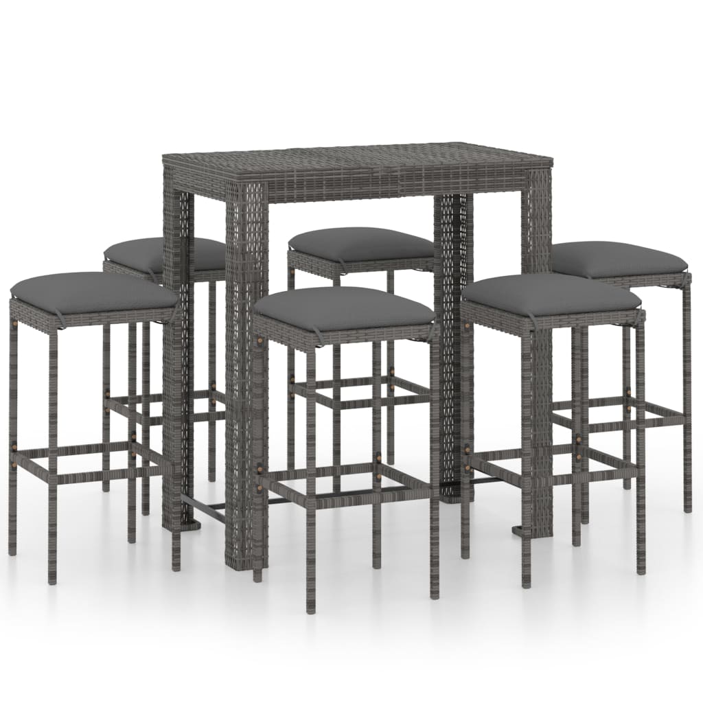 7-teiliges Garten-Bar-Set mit Kissen Poly Rattan Grau