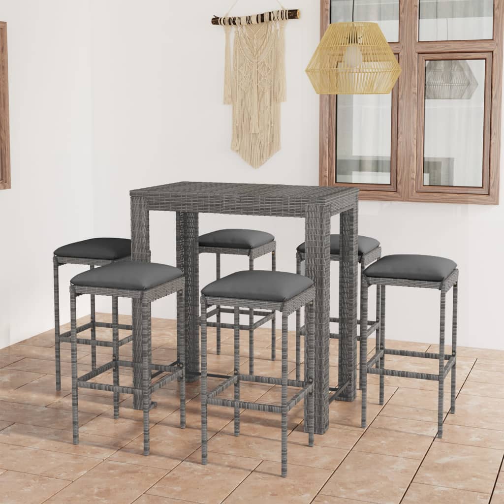 7-teiliges Garten-Bar-Set mit Kissen Poly Rattan Grau